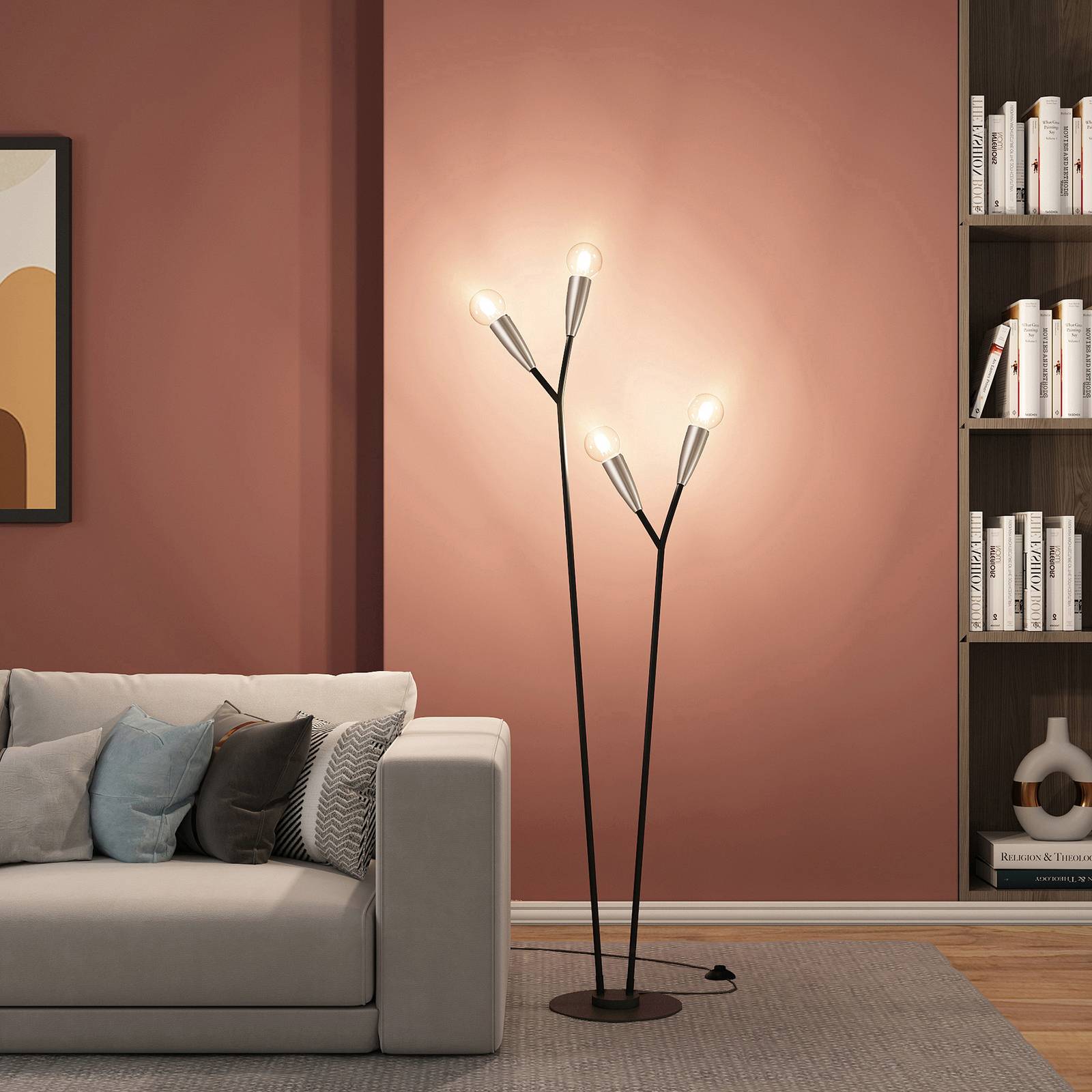 Lucande Carlea -lattiavalo, 4-lamp. musta-nikkeli