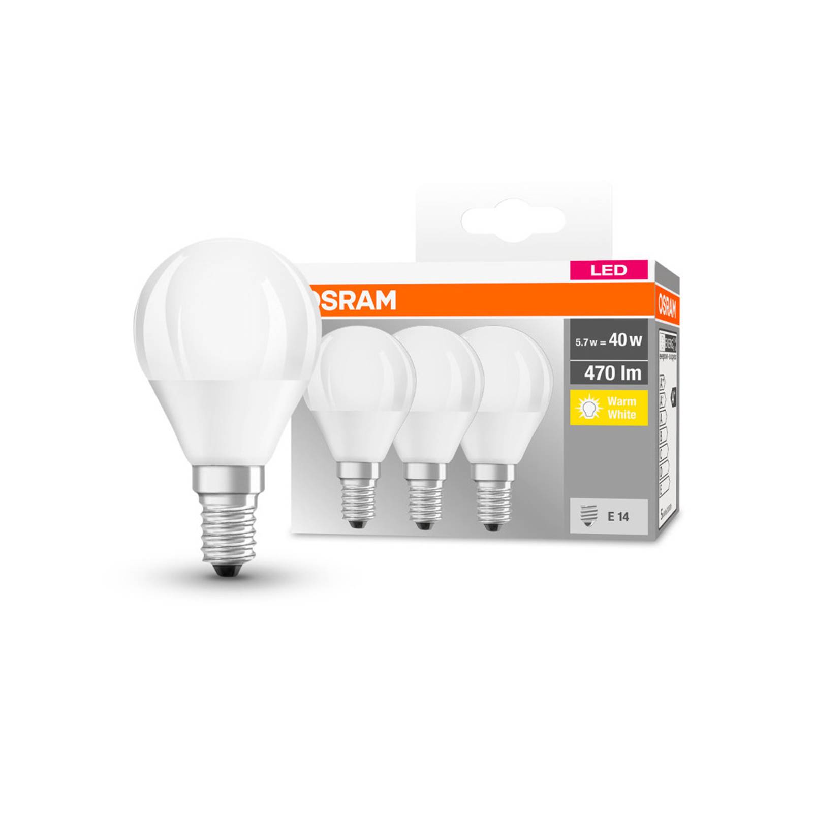 OSRAM-LED-pisara E14 P40 5,5W 2700K 470lm 3 kpl
