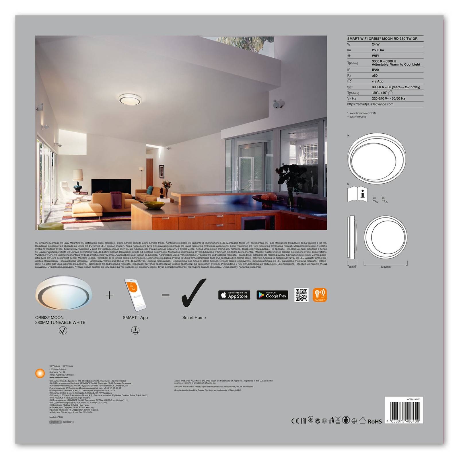 LEDVANCE SMART+ WiFi Orbis Moon CCT 38 cm harmaa