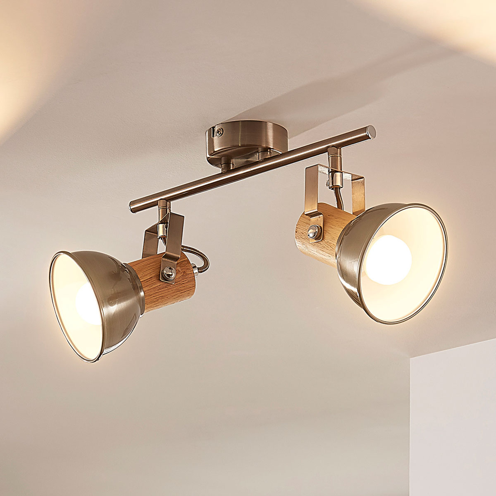 Puukoristeinen LED-kattovalaisin Dennis, 2 lamppua